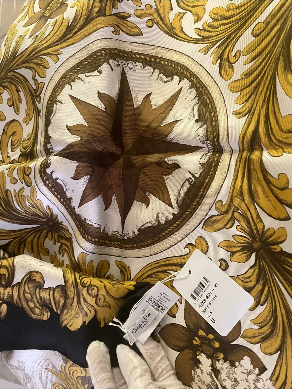 Dior Silk Scarf in Black and Gold Baroque Print